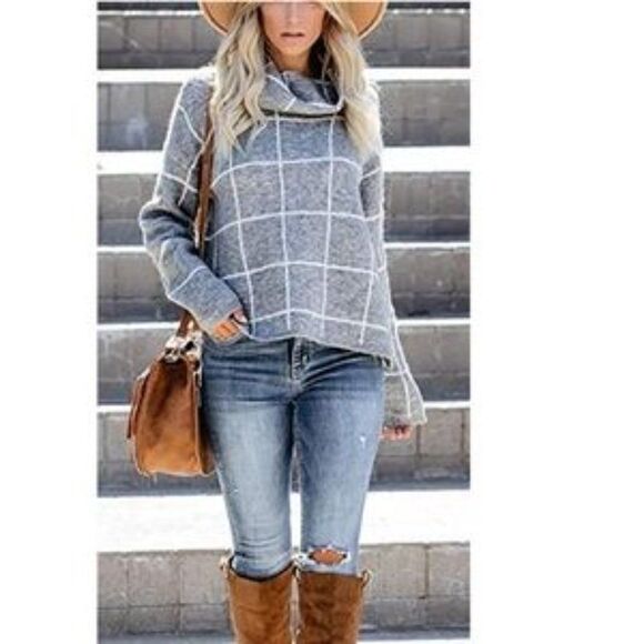 New Grid Pattern Turtleneck Knitted Jumper Sweater - Picture 5 of 9